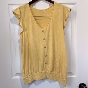 LOFT Vneck Banded Bottom Flutter Sleeve Top Yellow Faux Buttons Medium